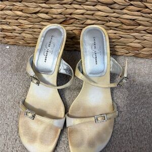 Chinese Laundry Cream Sandals with Rhinestone Accents